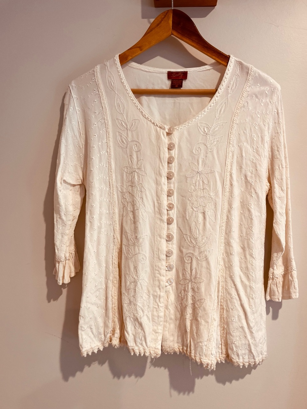 Scully Honey Creek Collection Cream Embroidered Button Front Western Boho Blouse